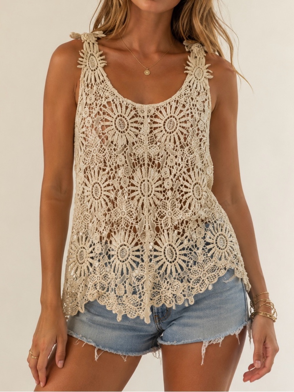 ISELA Ivory Floral Crochet Tank Top Boho Festival Mesh Lace Size Small